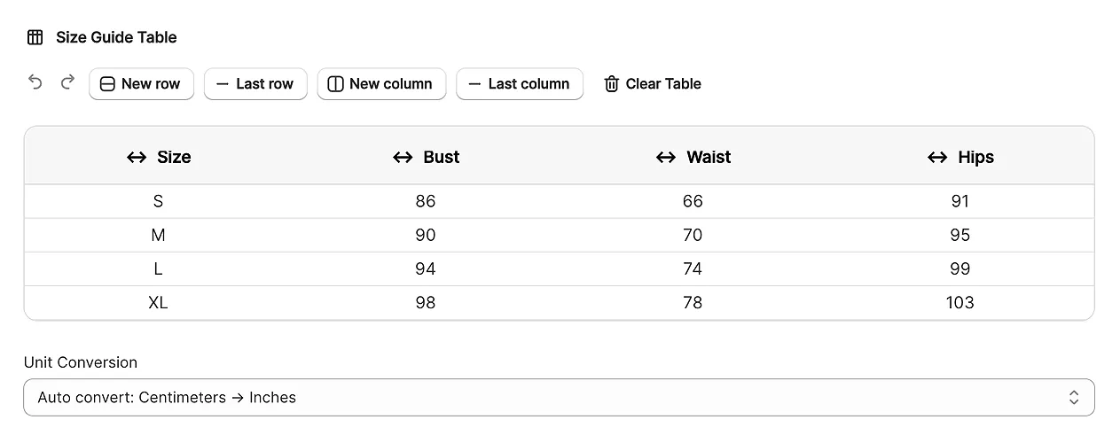 Size Chart Table