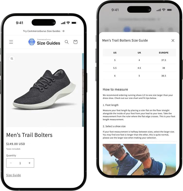 Size Guides Mobile Interface