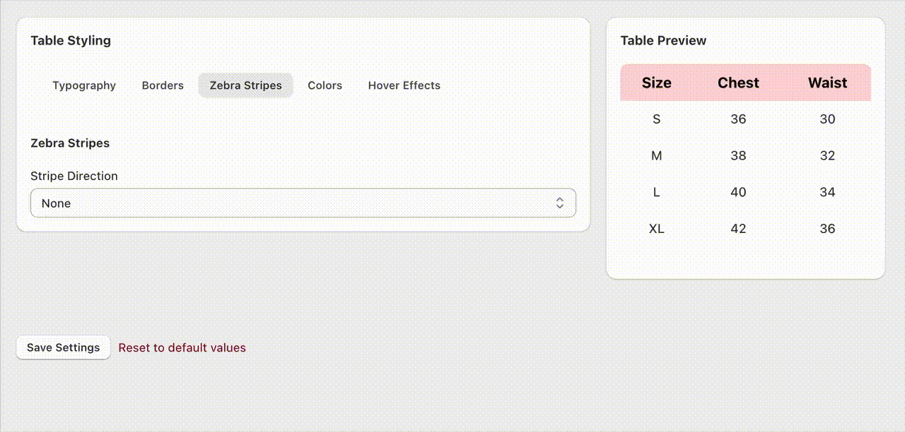 Zebra Stripes Settings